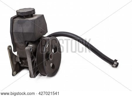 Vane Pump Or Hydraulic Power Steering Pump On A White Background Engine Parts. Spare Parts Auto Cata