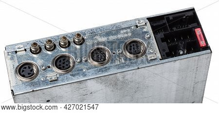 A Control Panel With Old Analog Audio And Video Connectors. Red And White Rca Audio Connectors And S