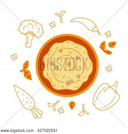 Chickpea Hummus In An Orange Plate. A Bowl Surrounded By Vegetables Line. Israel Food Isolate On Whi