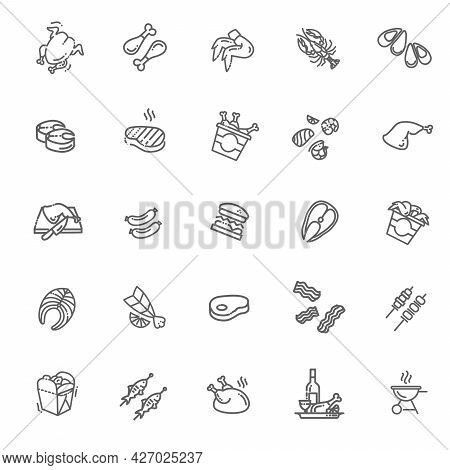 Meat, Poultry, Fish And Seafood - Minimal Thin Line Web Icon Set