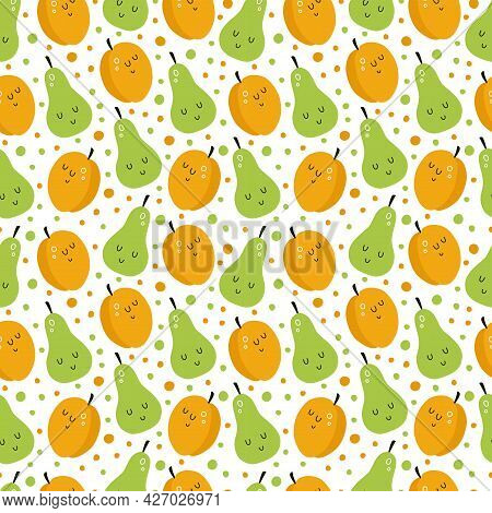 Vector Seamless Pattern With Cartoon Fruits. It Can Be Used As Wallpaper, Poster, Print For Clothes,