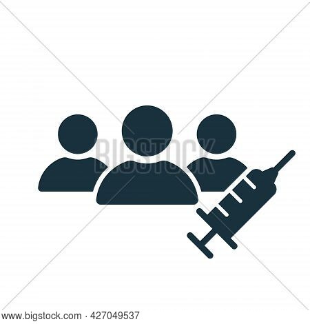 Vaccine Trials Thin Icon. Group Of People And Syringe. Testing Medical Vaccination. Time To Vaccinat