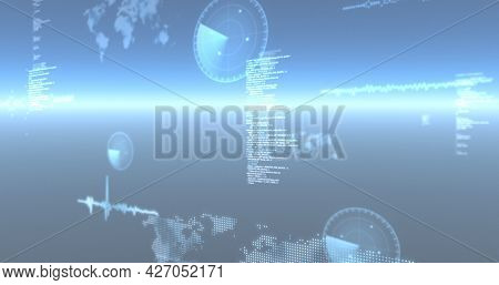Image of data processing, world maps and statistics recording over glowing blue background. digital interface, global connection and communication concept digitally generated image.