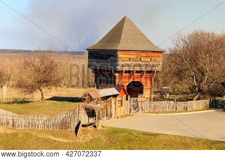 Old Wooden Watchtower In Subotiv Village, Ukraine