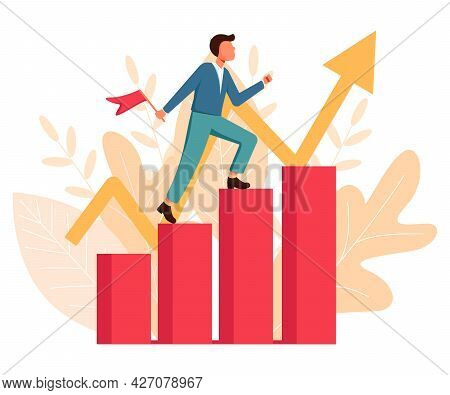 A Man Is Puffing Up The Career Ladder. Corrier Growth. Business Concept. Vector Illustration In A Fl