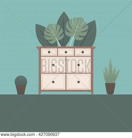 Stylized Chest Of Drawers With Plants In The Background. Colorful Flat Illustration. Element For Des