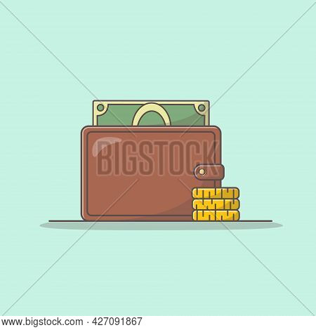 Wallet With Money And Stack Of Gold Coins Vector Icon Illustration. Business And Finance Icon Concep