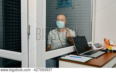 Adult Man Getting A Hearing Test At Audiology Center. Audiometry, Hearing Check Up
