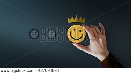 Customer Loyalty Concept. Client Experiences. Happy Customer Giving Positive Services Rating For Sat
