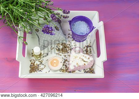 Lavender Essential Oil And Bath Salt  . Natural Cosmetics Background