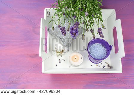 Lavender Essential Oil And Bath Salt  . Natural Cosmetics Background