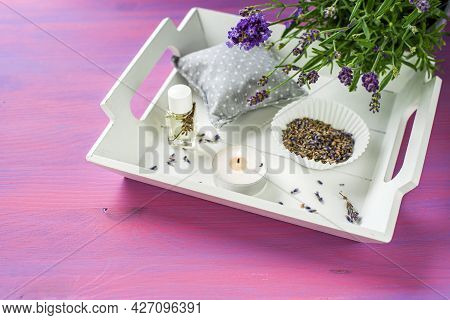 Lavender Essential Oil And Bath Salt  . Natural Cosmetics Background