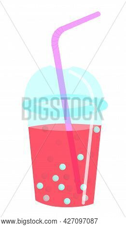 Pink Drink In A Clear Plastic Disposable Glass With Lid And Cocktail Straw. Vector Stock Illustratio