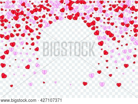 Tender Confetti Background Transparent Vector. Greeting Pattern Heart. Red Folded Frame. Violet Hear