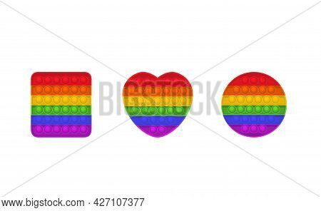 Set Of Trendy Pop It Fidgets. Heart Shaped Colorful Antistress Toys, Square Shape, Circle Figure. Ha