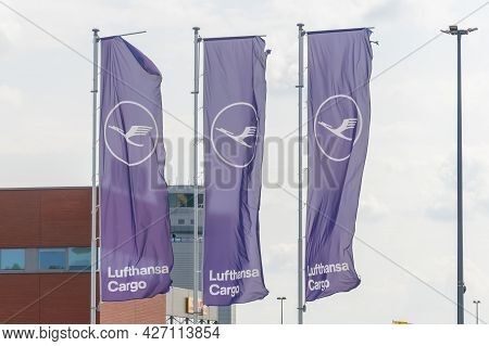 Pyrzowice, Poland -18.07.2021 - Lufthansa Cargo Flags At The Airport In Pyrzowice