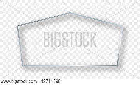 Silver Glowing Tetragon Shape Frame With Shadow Isolated On Transparent Background. Shiny Frame With