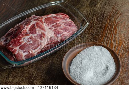 Homemade Capicola (coppa). Dry-cured Pork Loin Step-by-step Recipe.clay Bowl With Salt. Preparation 
