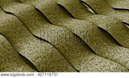 Golden Wide Mosaic Tapes Flowing Towards Each Other, Seamless Loop. Animation. Grainy Colorful Curvi