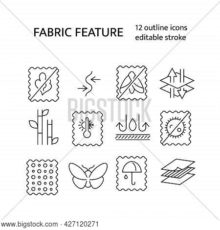 Fabric Feature Outline Icons Set. Textile Industry. Different Properties Of Fiber. Material Quality.