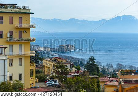 Looking Over The Lungomare Caracciolo,  Romantic Seaside Promenade With Views Of Naples, Castles & M