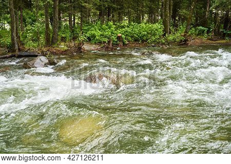 Vacation Landscape. Russian Altai Mountains. Multa Region. Holiday At Home. Staycation Concept. Rive