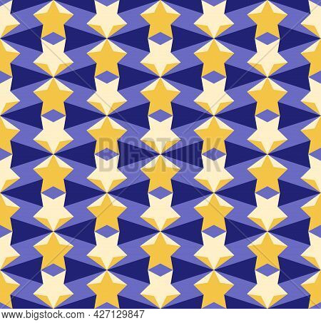 Abstract Geometric Seamless Pattern With Yellow Stars And Blue Polygons Fractal Background Rhomb Fre