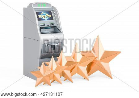 Atm Machine With Five Golden Stars. Customer Rating Of Banking Service. 3d Rendering Isolated On Whi