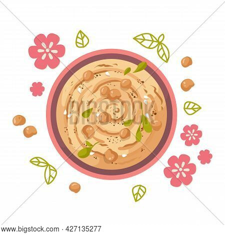 A Plate Of Hummus, A Traditional Indian Dish Made From Chickpeas, Surrounded By Pink Flowers. Health