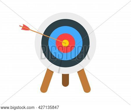 Archery Target Ring With Arrow Hitting Bullseye Isolated On White Background. Dartboard On Tripod Fr