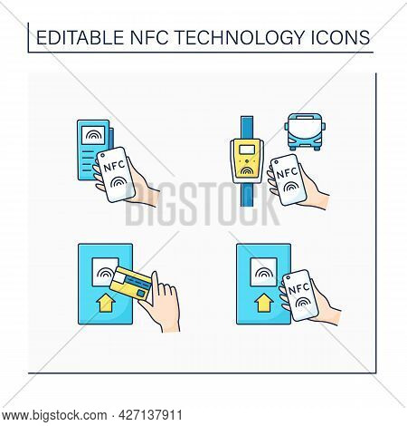 Nfc Technology Color Icons Set. Safety Payment System On Smart Watch Or Mobile Phone. Near Field Com