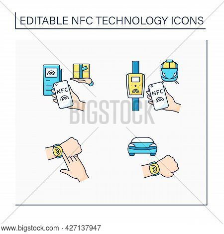 Nfc Technology Color Icons Set. Safety Payment System On Smart Watch Or Mobile Phone. Delivery, Publ