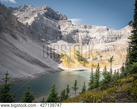 Fall In Canadian Rockies, Colorful Valley With Mountain And Lake, Shot On Galatea Lakes Trail In Kan