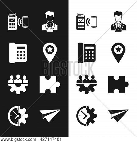 Set Location With Star, Telephone, Pos Terminal, Scientist And Test Tube, Project Team Base And Piec