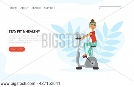 Landing Page With Young Woman Character With Headband And Sportswear On Cycle Ergometer Vector Templ