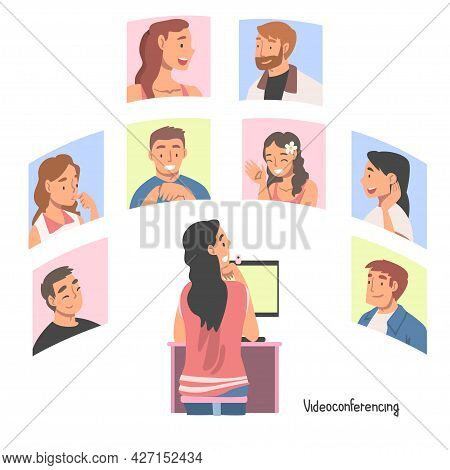 Videoconference And Web Meeting With People Characters Engaged In Online Communication In Real Time 