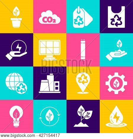 Set Water Energy, Leaf Plant In Gear Machine, Plant Hand, Tag With Recycle, Solar Panel, Lightning B