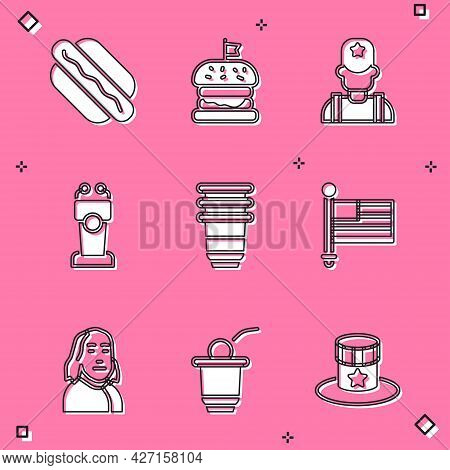 Set Hotdog Sandwich, Burger, Sheriff Cowboy, Stage Stand Or Tribune, Paper Glass, American Flag, Ben