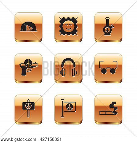 Set Tourist Tent, Peace, Flag Peace, Headphones, No War, Bong, Cigarette And Lsd Acid Mark Icon. Vec