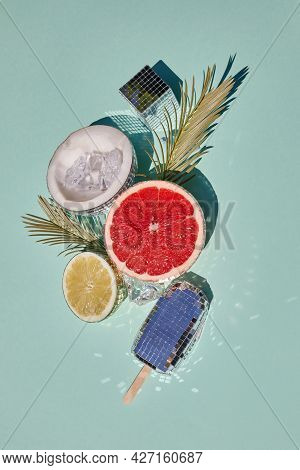 Disco Balls As Extic Fruits. Creative Conceptual Background. Top View. Flat Lay,