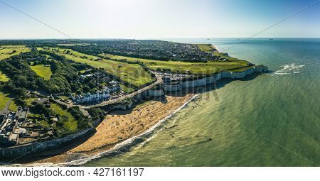 Drone aerial view of the beach and white cliffs, Margate, England, UK