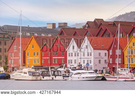 Bergen, Norway - July 30, 2018: City Street Bryggen Panoramic Banner, Boats And Colorful Traditional