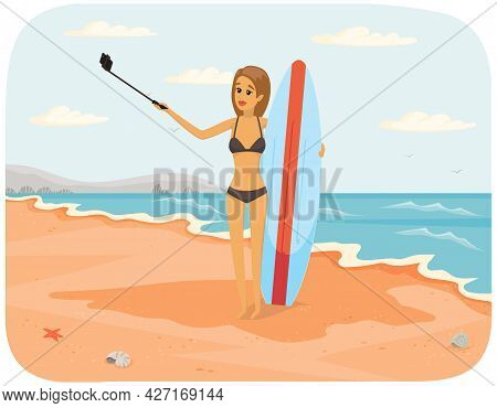Girl Is Having Summer Vacation And Surfing. Woman In Swimsuit Is Photographed On Phone Camera. Lady 