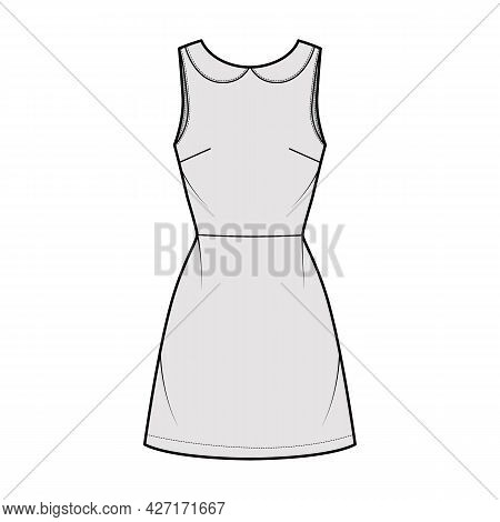 Dress A-line Technical Fashion Illustration With Sleeveless, Peter Pan Collar, Fitted Body, Above-th