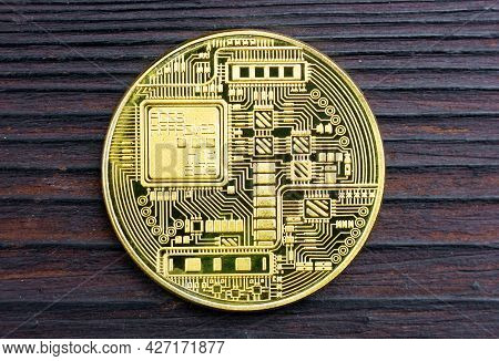 Blockchain Technology. Crypto Coin Of Gold Color. Satoshi. Souvenir Bitcoin Coin