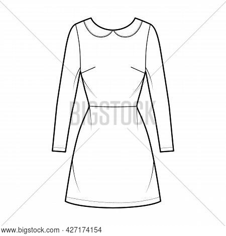 Dress A-line Technical Fashion Illustration With Long Sleeves, Peter Pan Collar, Fitted Body, Above-