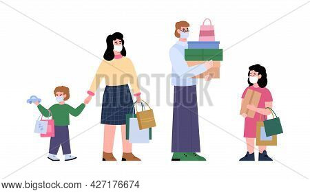 Happy Family Of Shoppers In Protective Facial Masks Shopping At Store Or Mall.