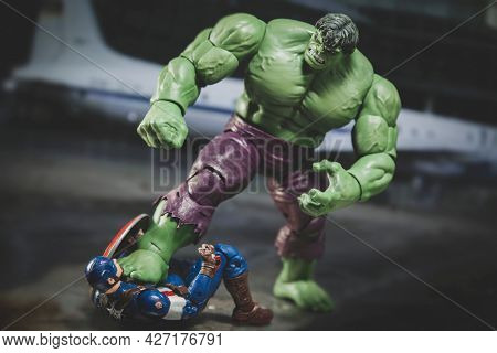 JUNE 12 2021: Scene from Marvel Avengers Civil War, the Incredible Hulk fighting Captain America  - Hasbro action figure