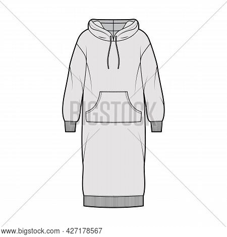Dress Hoody Technical Fashion Illustration With Long Sleeves, Kangaroo Pouch, Rib Cuff Oversized Bod