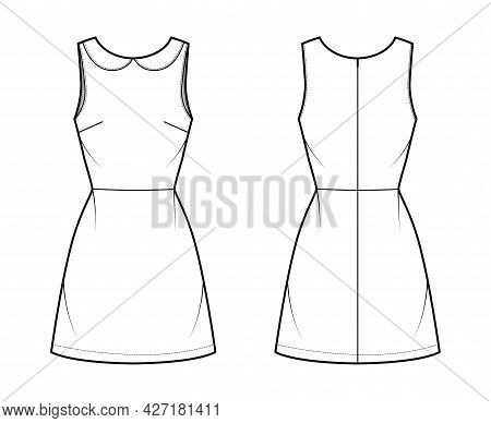 Dress A-line Technical Fashion Illustration With Sleeveless, Peter Pan Collar, Fitted Body, Above-th